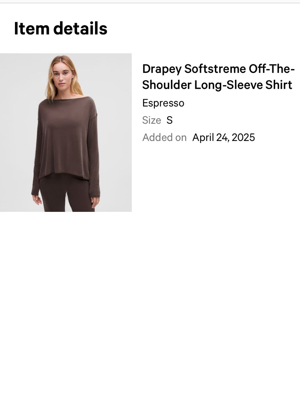 Lululemon Softsreme Drapey off the Shoulder Boatneck long sleeve Small - Picture 10 of 10